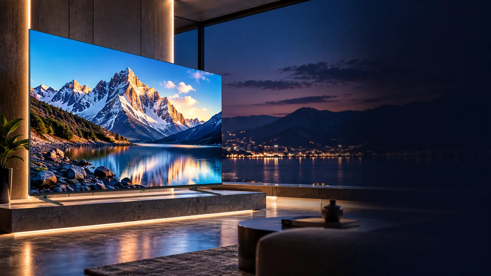 Premium television displaying a vivid cinematic scene in a luxury living room