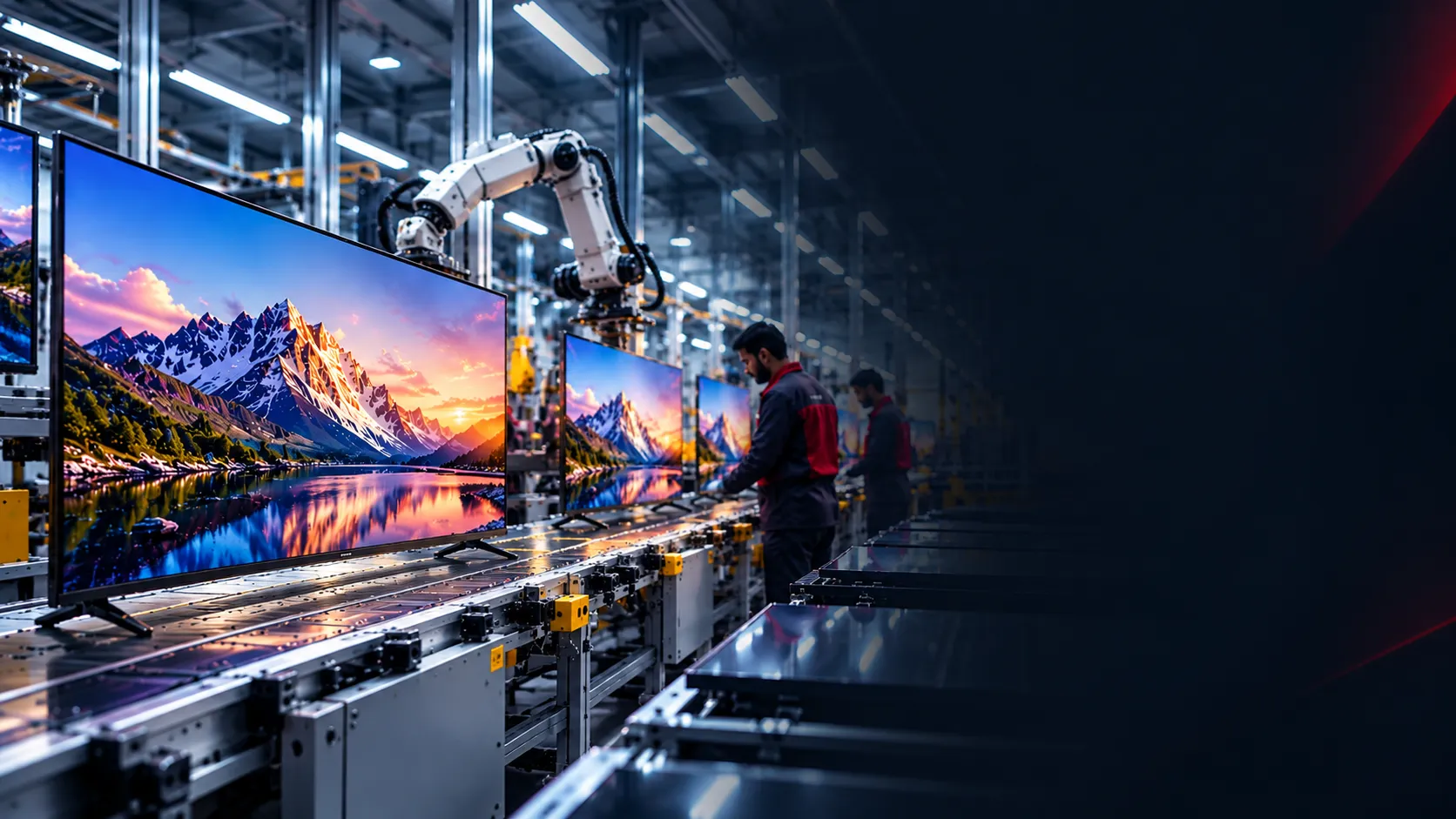 Television assembly line showcasing Videotex TV manufacturing capabilities
